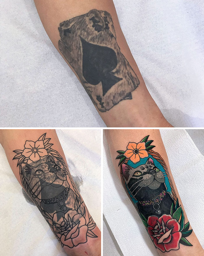 Tattoo regret transformed from a spade to a colorful cat design with flowers on an arm.