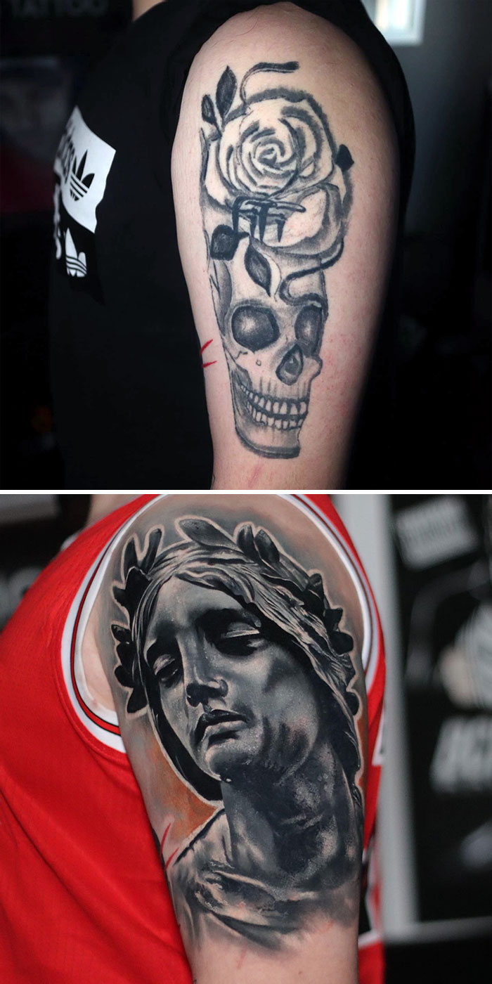 Tattoo regrets transformed: from a skull with a rose to a detailed angelic statue design on arm.