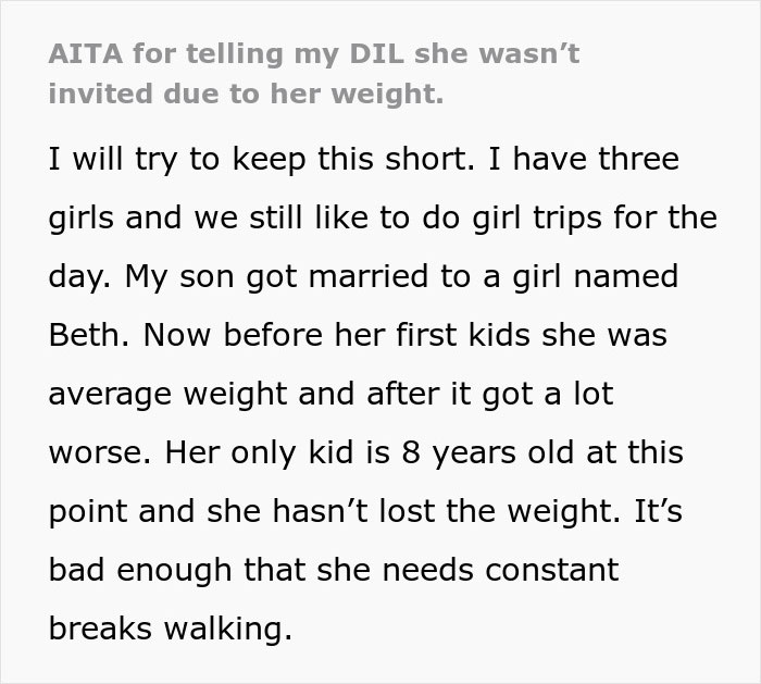 “Am I The Jerk For Telling My Daughter-In-Law She Wasn’t Invited Due To Her Weight?” “Am I The Jerk For Telling My Daughter-In-Law She Wasn’t Invited Due To Her Weight?”