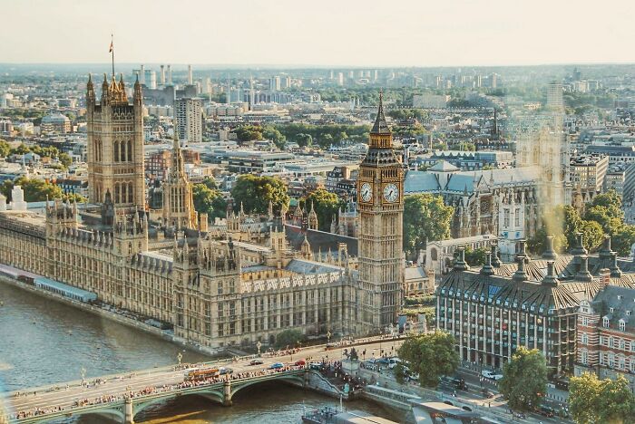 Aerial view of London featuring Big Ben and the Houses of Parliament, highlighting best and worst things about countries.