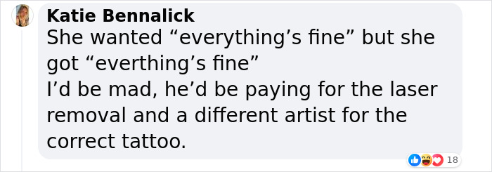 Text message about a tattoo blunder where a client received "everthing's fine" instead of "everything's fine.