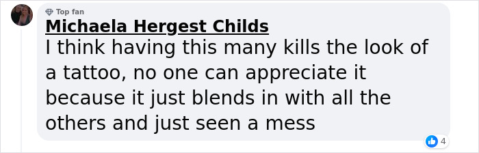 Comment on tattoos blending together, mentioning Britain's most tattooed woman. Comment on tattoos blending together, mentioning Britain's most tattooed woman.