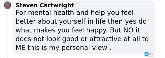 Comment by Steven Cartwright discussing personal views on tattoos and mental health. Comment by Steven Cartwright discussing personal views on tattoos and mental health.