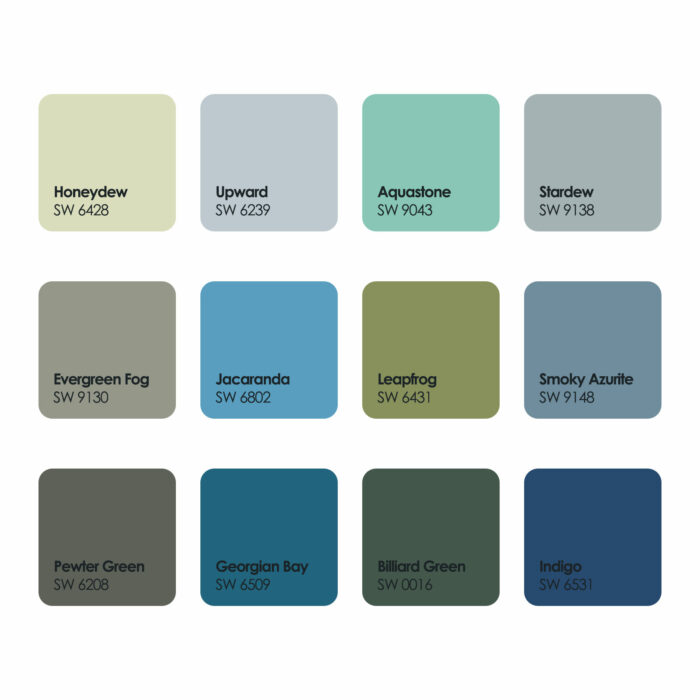 Sherwin-Williams paint colors blues and greens palette featuring popular 2024 options beyond gray tones.