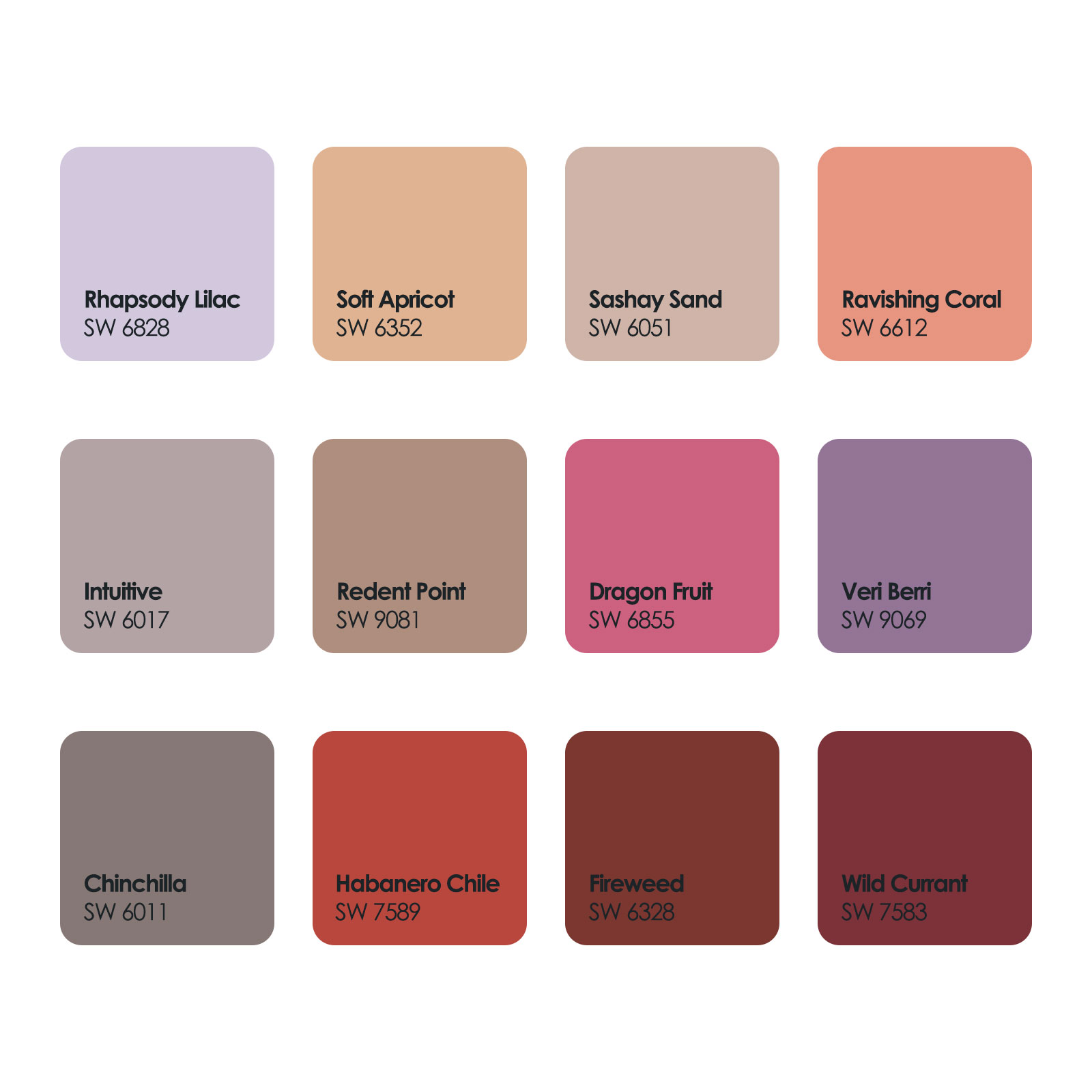 Sherwin-Williams paint colors palette featuring popular reds and purples for 2024 including Dragon Fruit and Wild Currant.