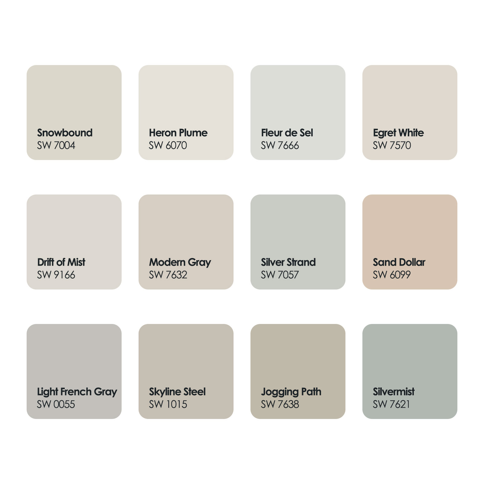 Sherwin-Williams paint colors delicate tints palette featuring soft neutral and gray shades for 2024 options.