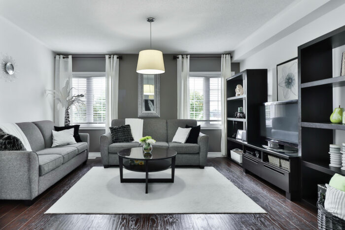 Gray and white living room with Sherwin-Williams paint colors, featuring modern sofas, dark wood flooring, and minimalist decor.
