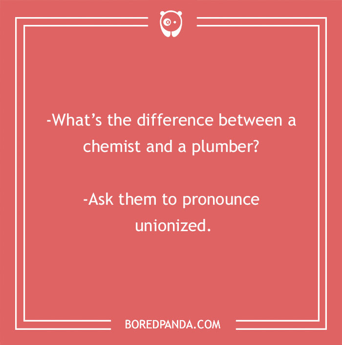 Funny smart joke about chemist and plumber pronunciation on a red background.