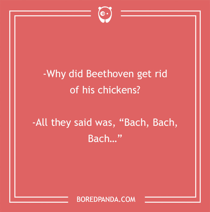 Text joke about Beethoven and chickens on a red background.