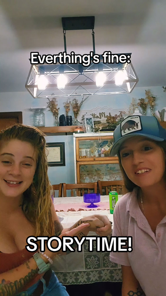 Two people smiling in a living room, discussing a tattoo blunder that went viral on TikTok, creating an existential crisis.