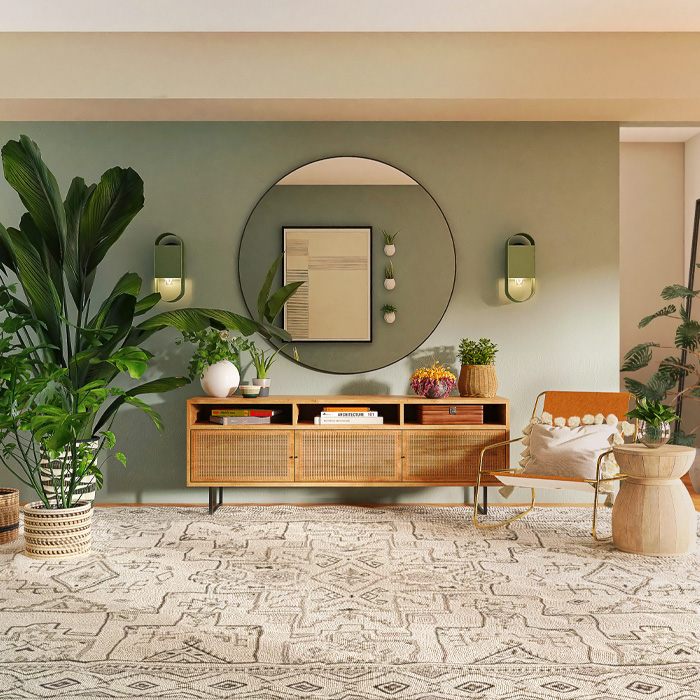 Brown wooden table with mirror on green wall, featuring warm colors and natural decor elements in a cozy living space. Brown wooden table with mirror on green wall, featuring warm colors and natural decor elements in a cozy living space.