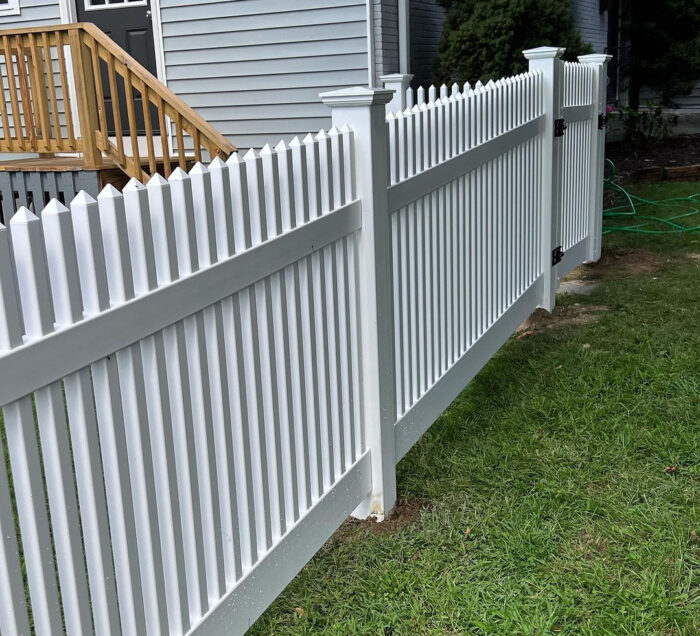 close up of a white vinyl picket fence close up of a white vinyl picket fence