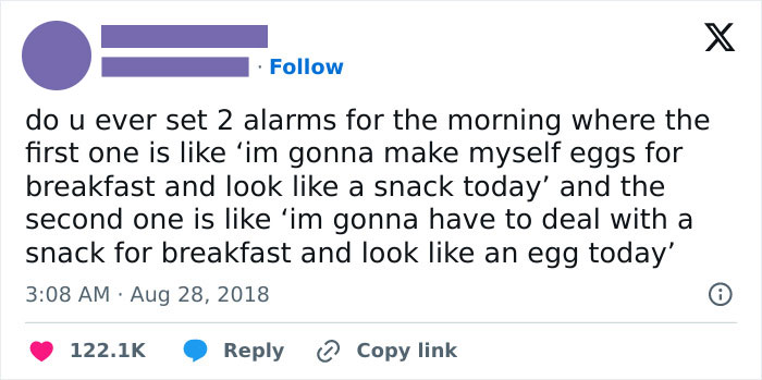 Tweet text about setting two alarms with humorous contrast, illustrating relatable work memes and morning routine struggles.