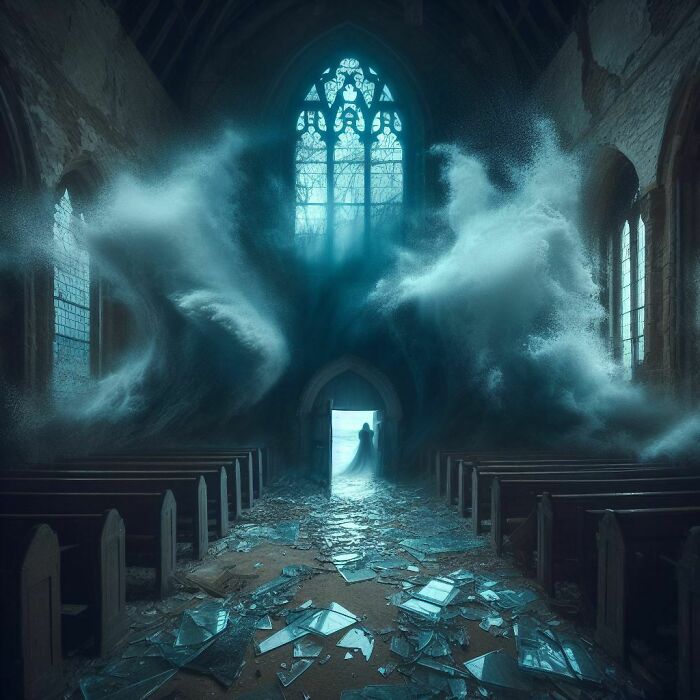 Waves Crushing An Old Gothic Church