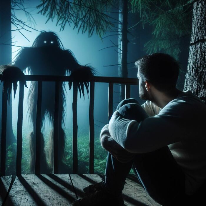 Man Facing A Menacing Forest Creature
