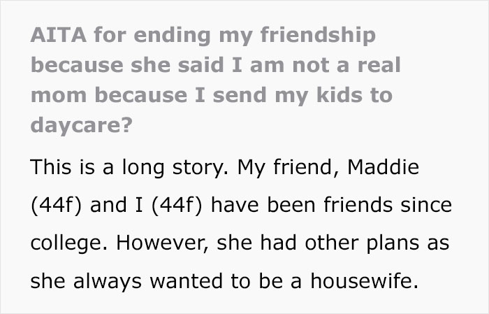 Text excerpt about a SAHM scolding a mom for daycare, sparking a friendship conflict over parenting choices. Text excerpt about a SAHM scolding a mom for daycare, sparking a friendship conflict over parenting choices.