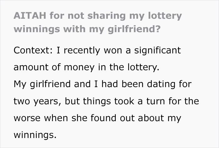 Text excerpt about lottery winner refuses to share the prize with girlfriend and the ensuing relationship conflict.