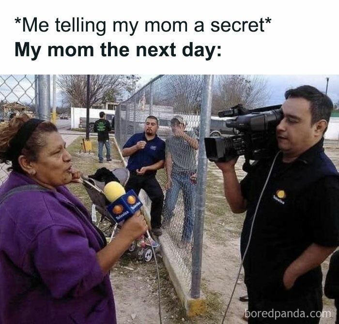 Woman humorously sharing a secret to a TV reporter, capturing the essence of relatable memes.