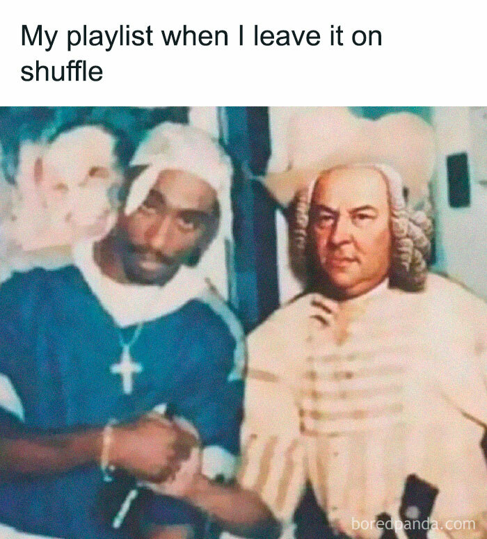 Meme of two contrasting figures shaking hands, illustrating a playlist on shuffle with diverse music styles.