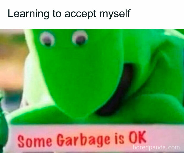 Green dinosaur with text "Some Garbage is OK," depicting relatable meme humor about self-acceptance.