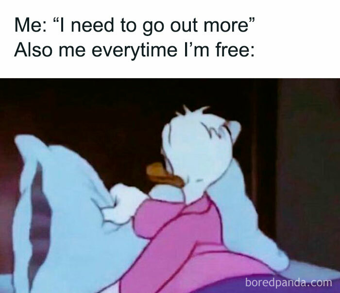 Cartoon character lying in bed, illustrating a relatable meme about staying in despite plans to go out.