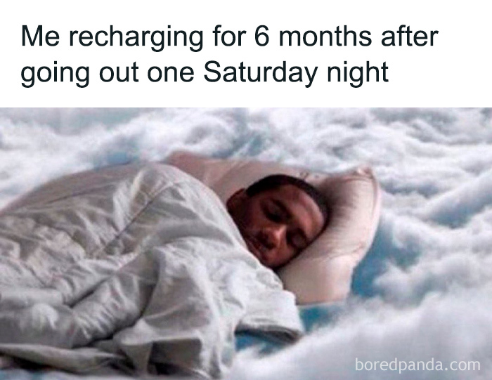 Man sleeping peacefully on clouds wrapped in a blanket, illustrating hilarious, confusing and unsettling pics from I Would Prefer Not To.