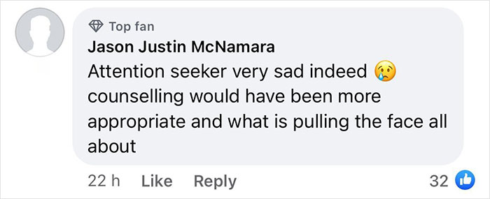 Comment criticizing woman's inked body modification, labeled "attention seeker.