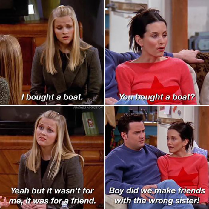 "Funny 'Friends' meme showing characters discussing a boat purchase with humorous captions."