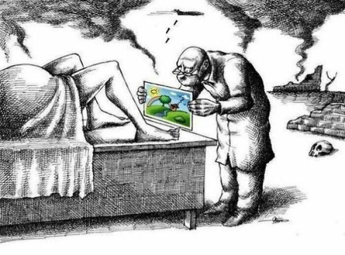 Doctor holding a bright picture over a sick patient in a bleak, ruined environment depicting society's problems.