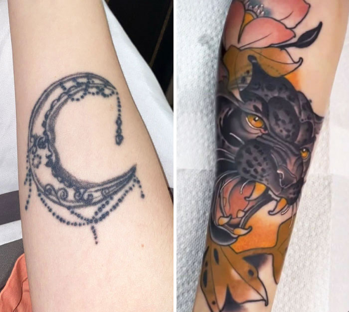 Tattoo regret upgrade: a simple crescent moon design transformed into a detailed panther with floral elements.