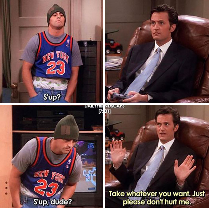 "Funny 'Friends' meme with characters Joey in a jersey and Chandler in a suit reacting humorously."