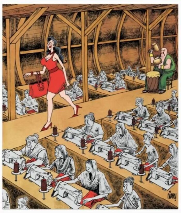 Factory workers sewing clothes in a harsh environment while a glamorous woman confidently walks past, highlighting societal issues.