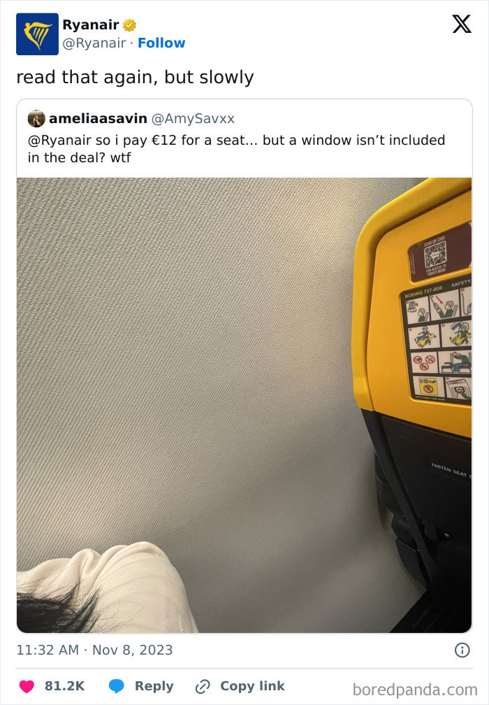 Ryanair social media roast replying to a complaint about no window with a humorous retort, highlighting the airline's witty tone.