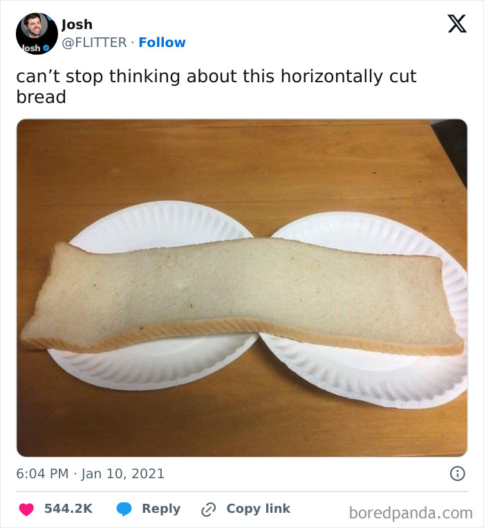 Horizontally cut bread placed on two paper plates, creating a confusing and unsettling visual oddity.