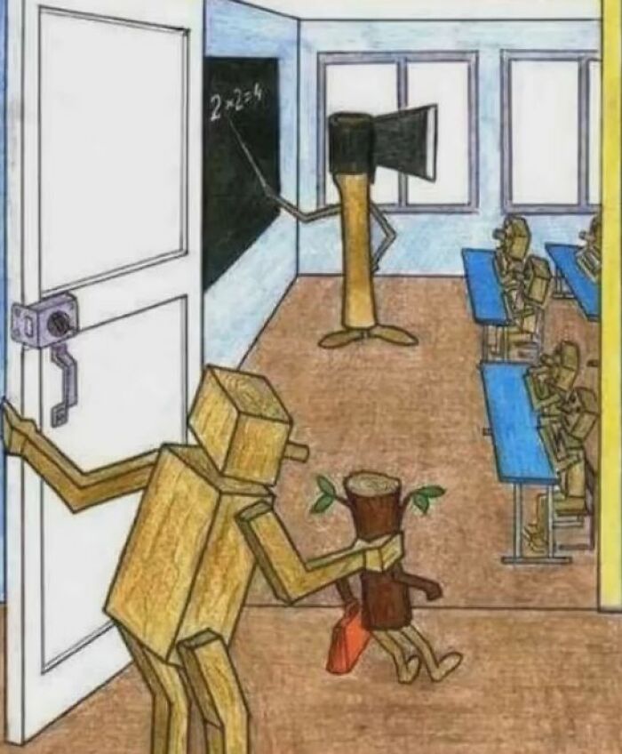 Cartoon showing societal issues with a log child being taken away from an axe teacher in a classroom setting.