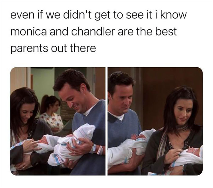"Friends meme with Monica and Chandler holding babies, highlighting humor from the TV show."