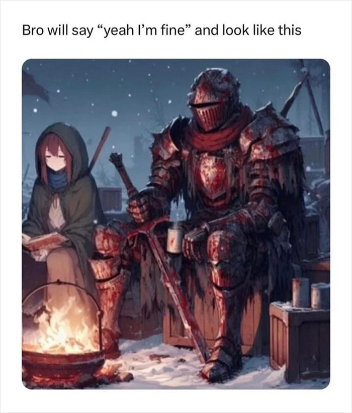 Knight in armor sitting by a fire with a mug, creating a hilarious medieval meme atmosphere.