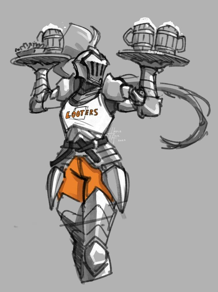 A medieval knight humorously carrying trays of ale, wearing sports gear labeled "Looters."