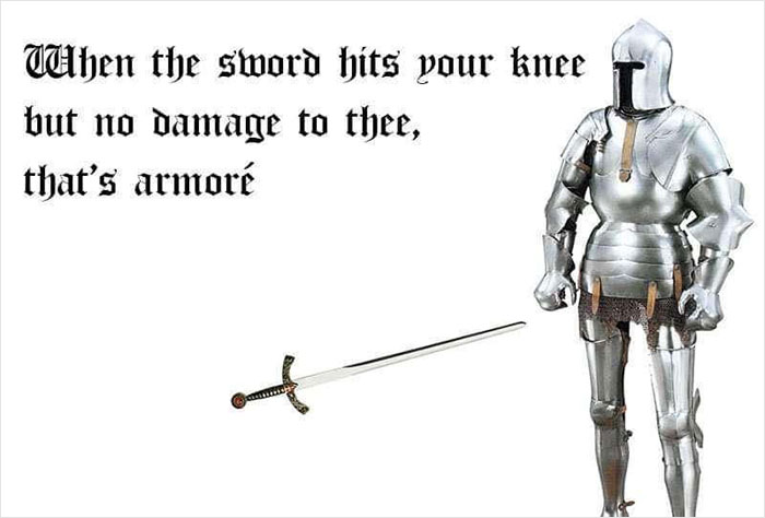 Medieval meme featuring armor-clad knight, with text about sword impact on knee and funny medieval wordplay.