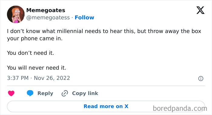 Social media post with a relatable meme about millennials and phone box clutter.