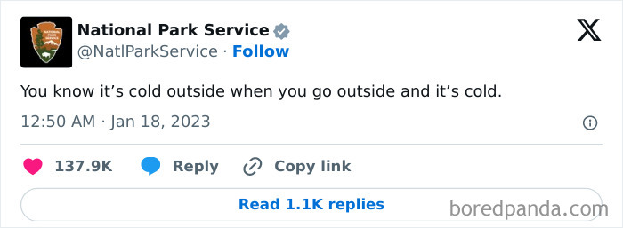 Tweet from National Park Service humorously commenting on cold weather, showcasing their witty social media presence.