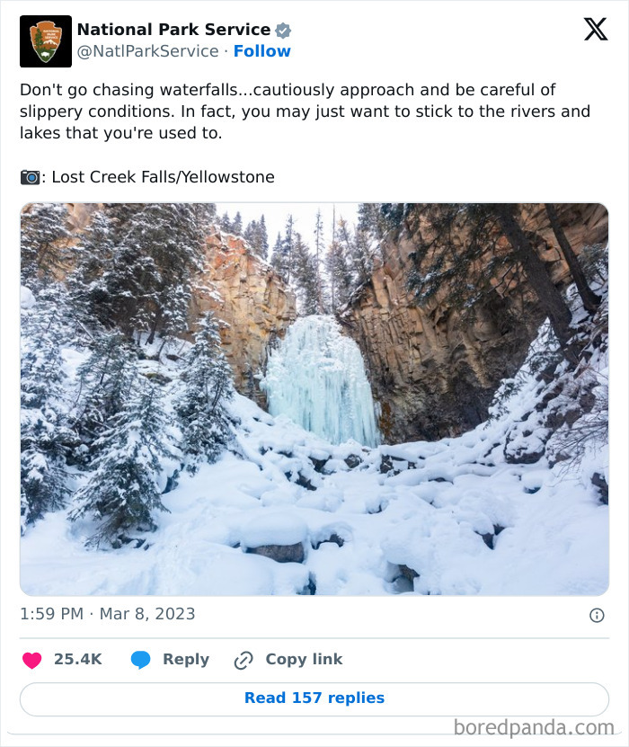 Frozen waterfall and snowy landscape at Lost Creek Falls Yellowstone, shared by National Park Service with humorous social media tone.