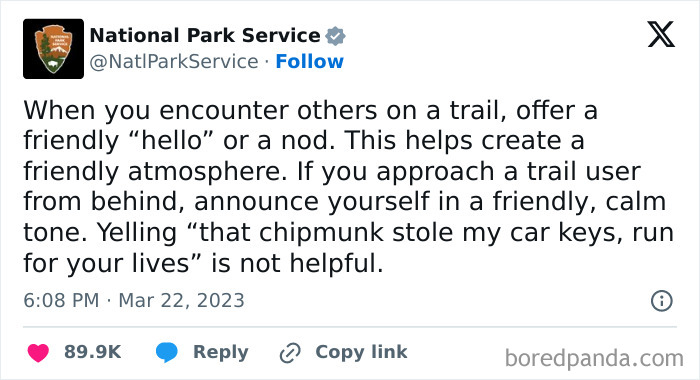 National Park Service tweet humorously advises trail etiquette, showcasing their perfect social media use with hilarious messages.