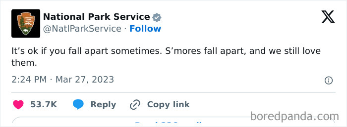 National Park Service tweet humorously comparing falling apart to S’mores in a witty social media post.