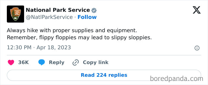National Park Service tweet humorously warns hikers to bring proper supplies to avoid slippery floppies while hiking.