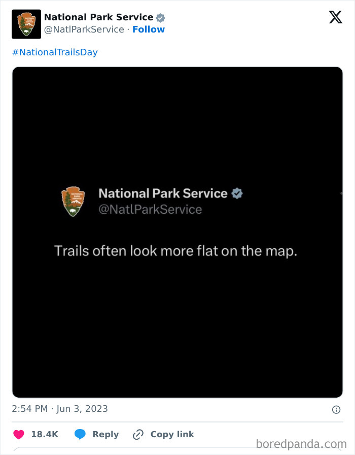 National Park Service tweet humor about trails appearing flatter on maps, showcasing their social media wit and engagement.
