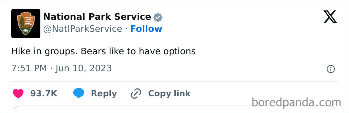 Tweet from National Park Service humorously advising to hike in groups as bears like to have options, showcasing their social media wit.