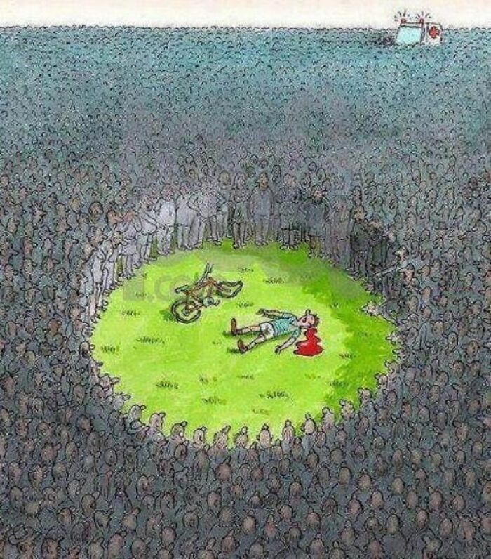 Crowd of people surrounding a fallen cyclist with a head injury, highlighting problems in society and public indifference.