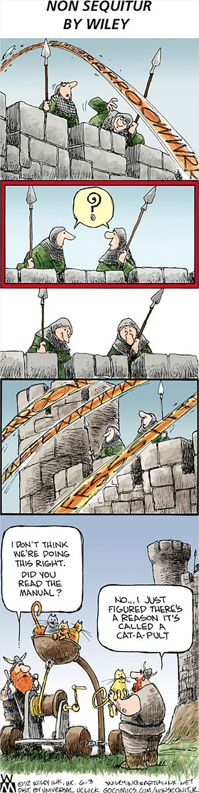 Medieval meme of knights confused with a catapult, joking about "cat-a-pult".