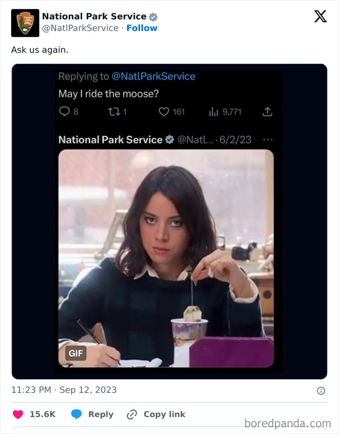 National Park Service tweet showing a woman making a humorous expression, highlighting social media humor and engagement.